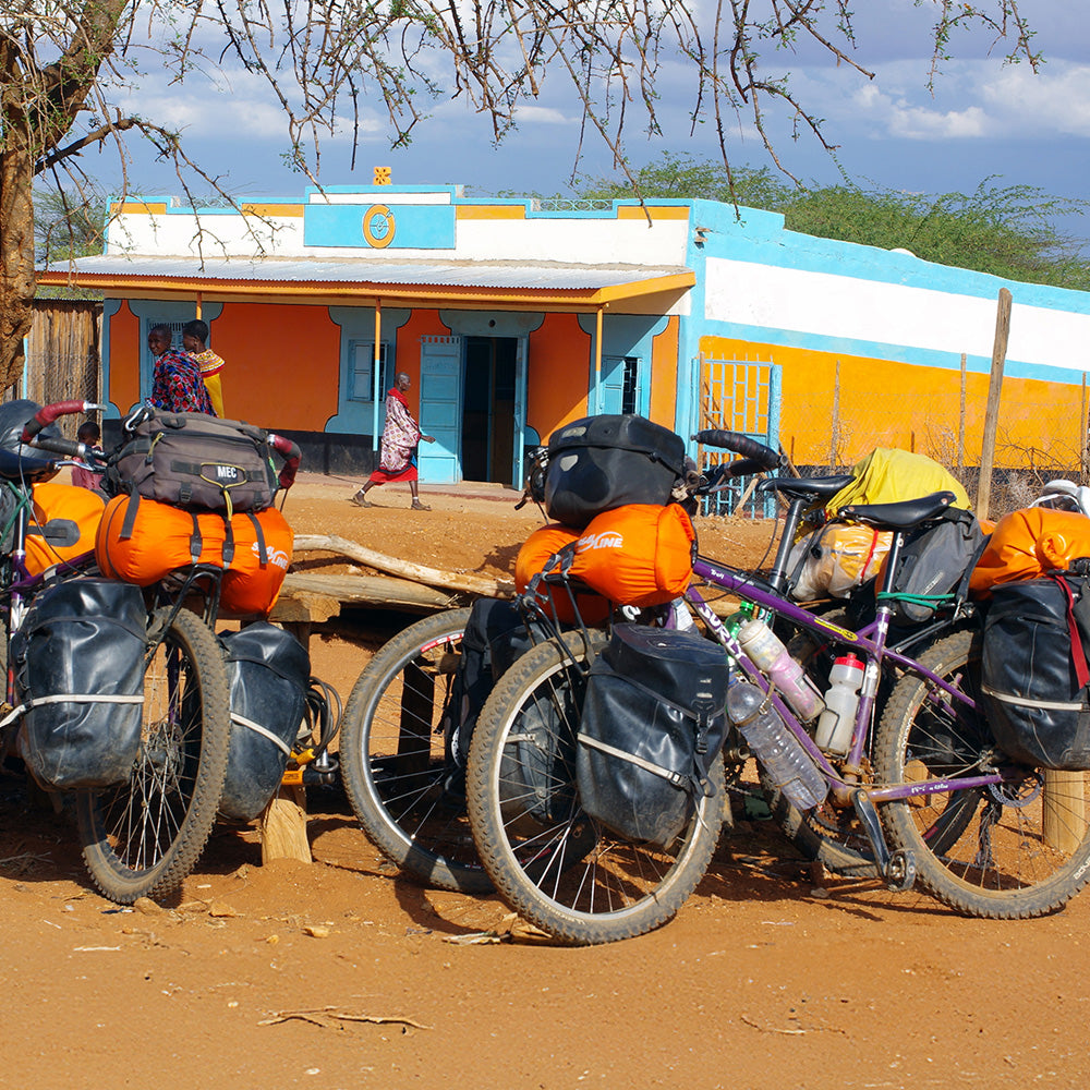 Surly touring bikes fully-loaded parked next to tree
