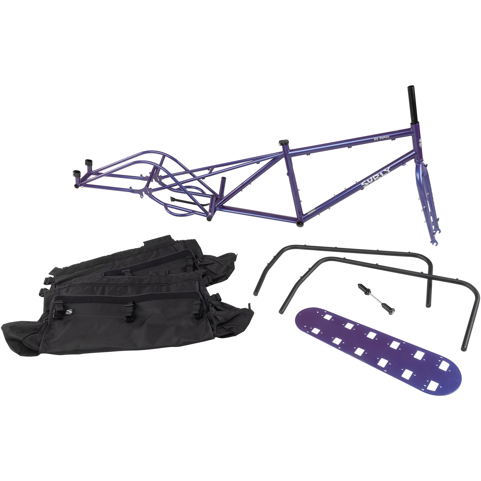 Surly Big Dummy frameset Bruised Ego Purple side view with bags deck and rails separated