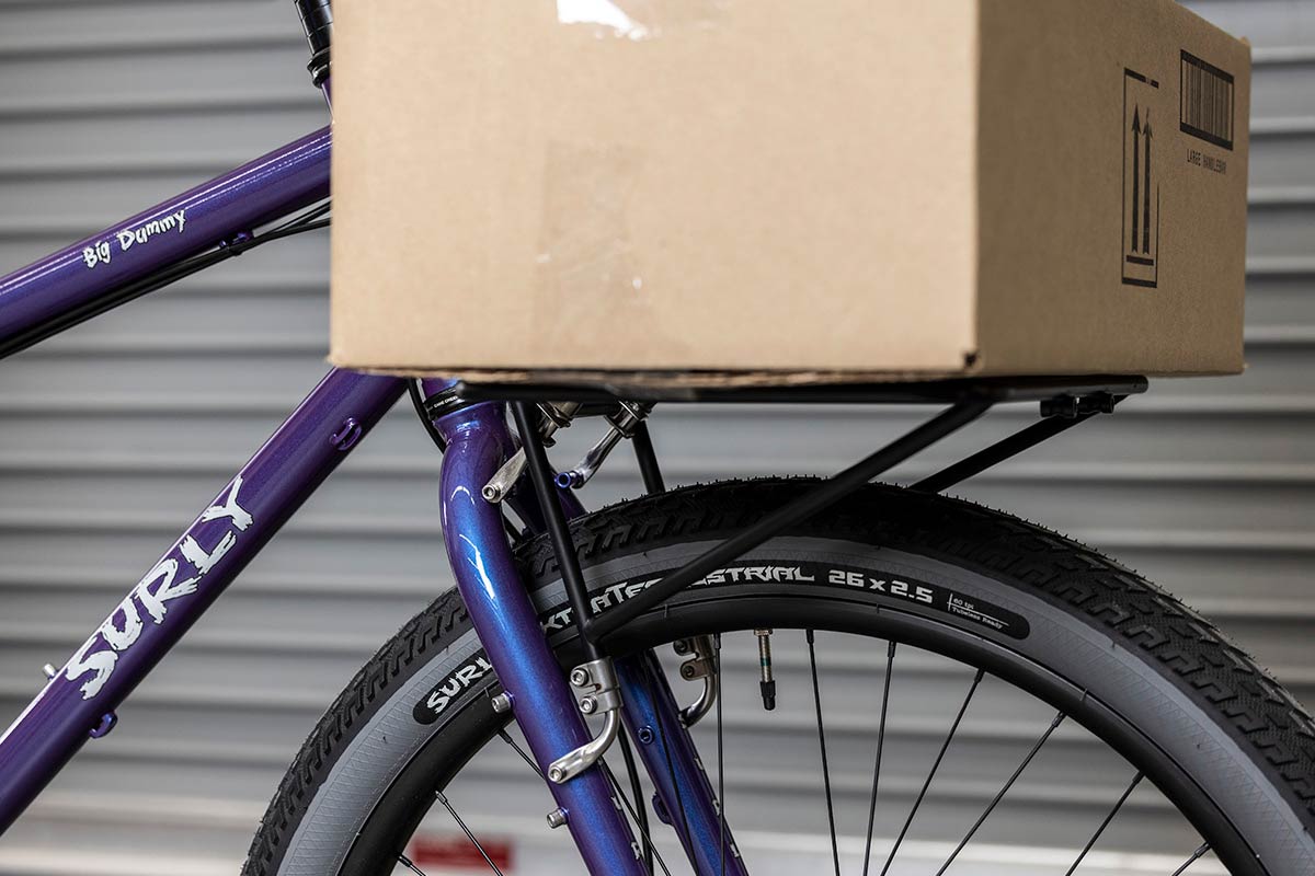Surly Big Dummy with Front Rack and cardboard box attached