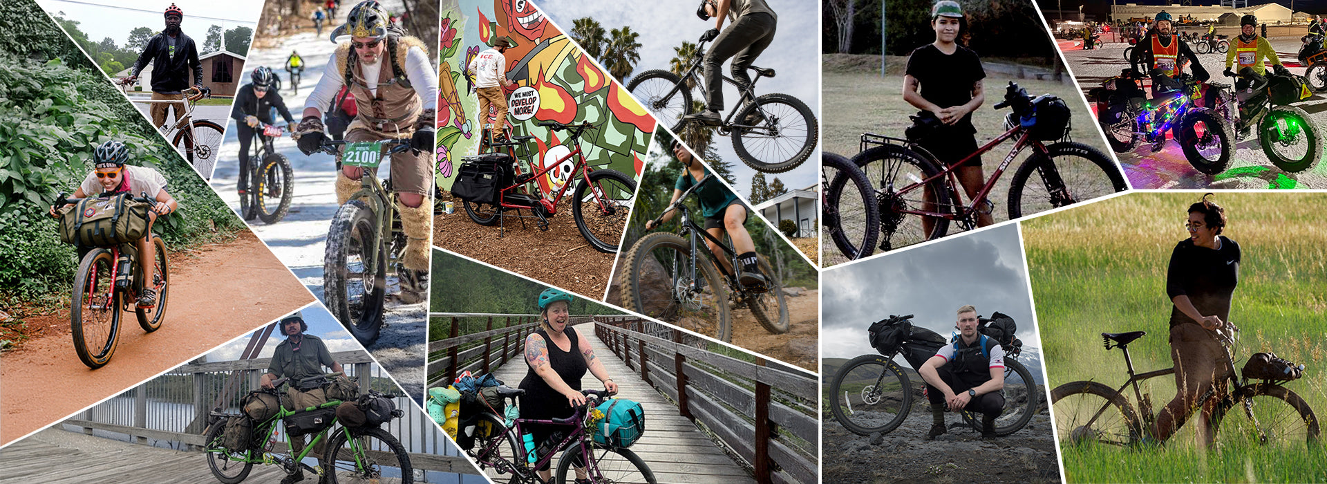 Surly rider, humanoid, and friends collage riding bikes and going places