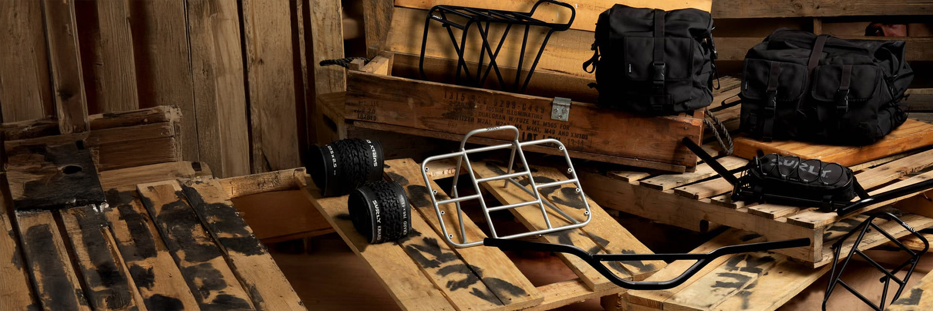 Surly Parts and Accessories on wooden pallets