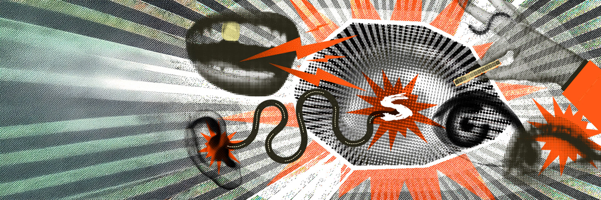 Collage design with eyes mouths ears and lines