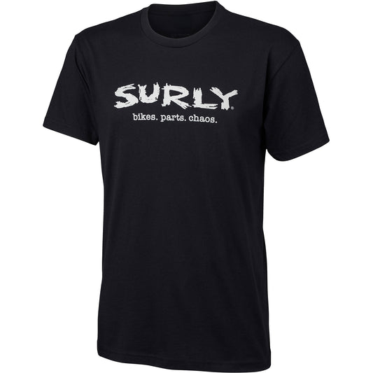 Surly Famous Last Words T-Shirt font, black with Surly logo and bikes. parts. chaos. below