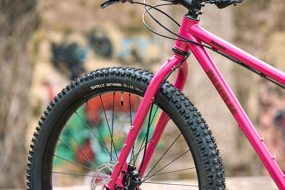 Surly Krampus Bike Prickly Pear color fork and front end focus outside