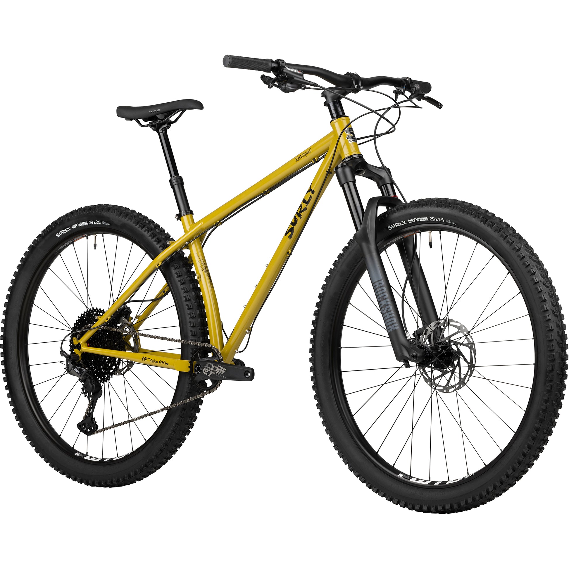 Surly Krampus bike with suspension fork in Nose Drip Curry color front three-quarter view on white background