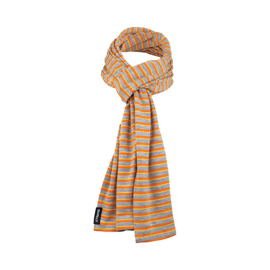Surly Merino Wool Scarf Striped scarf with orange and gray pattern on a white background