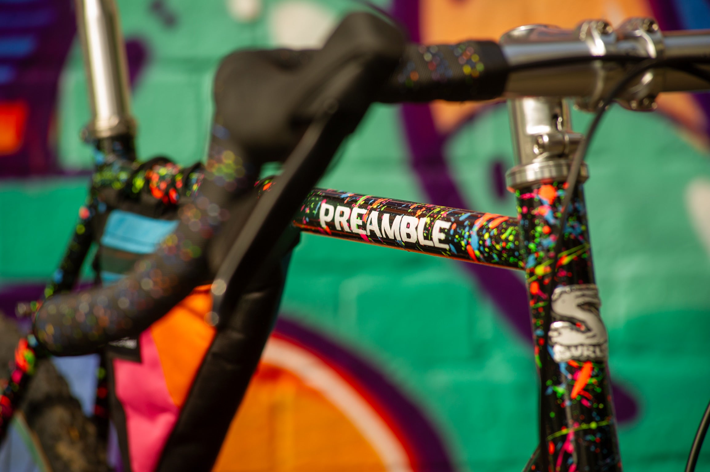 Focus on top tube decal of custom Surly Preamble