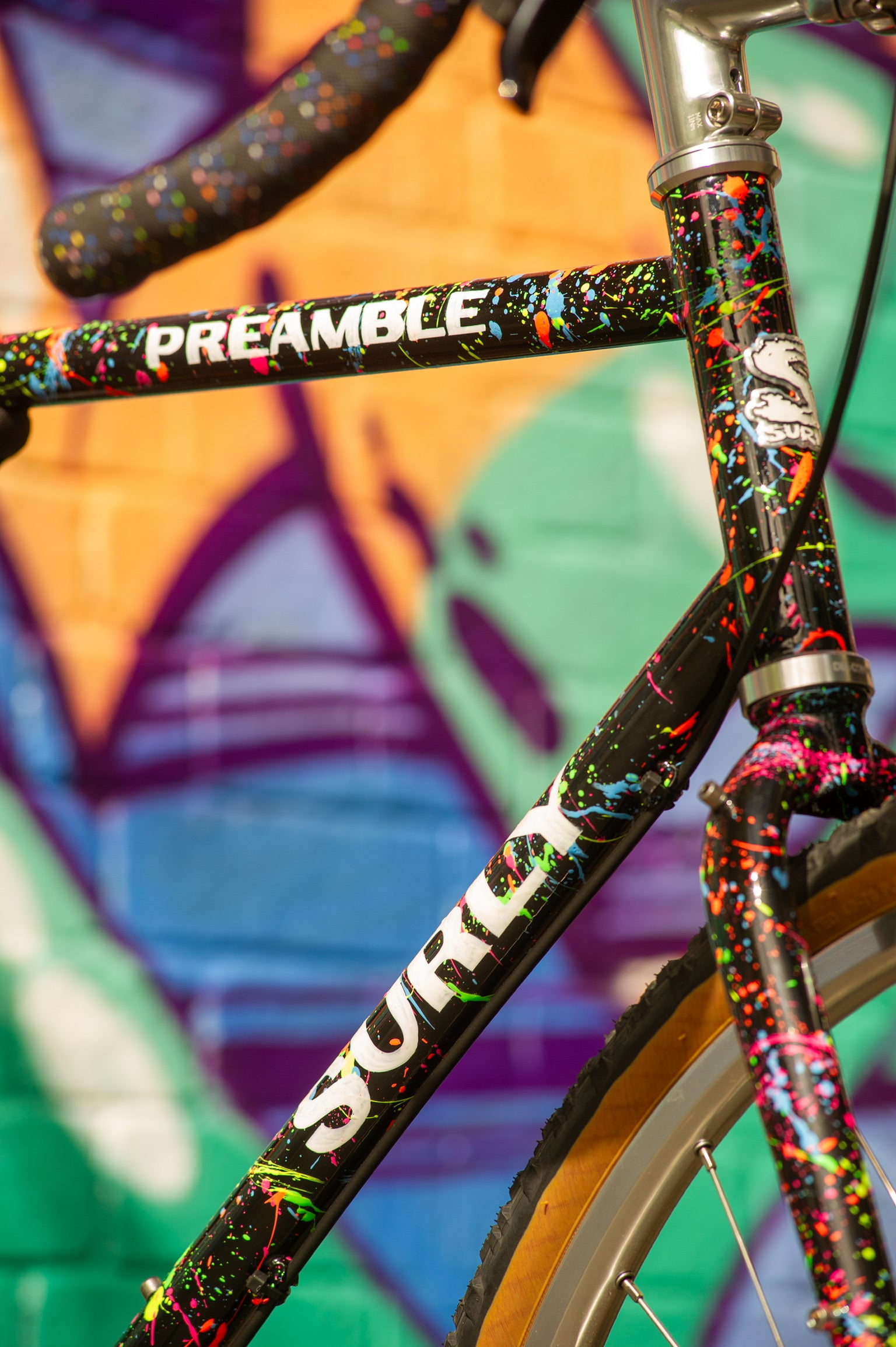 Custom Surly Preamble showing custom decals applied over splatter paint