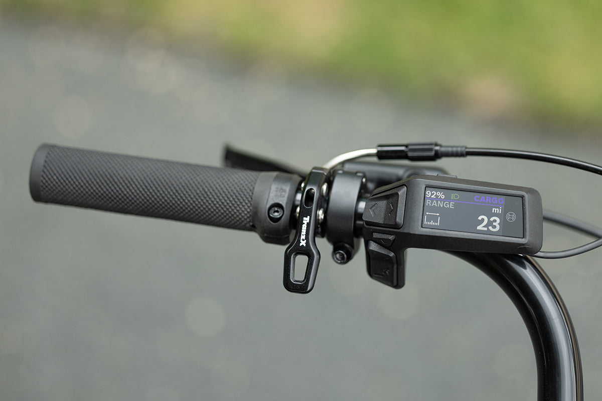 Surly Skid Loader Ebike view of left bar grip with dropper post lever and Bosch Purion 200 remote