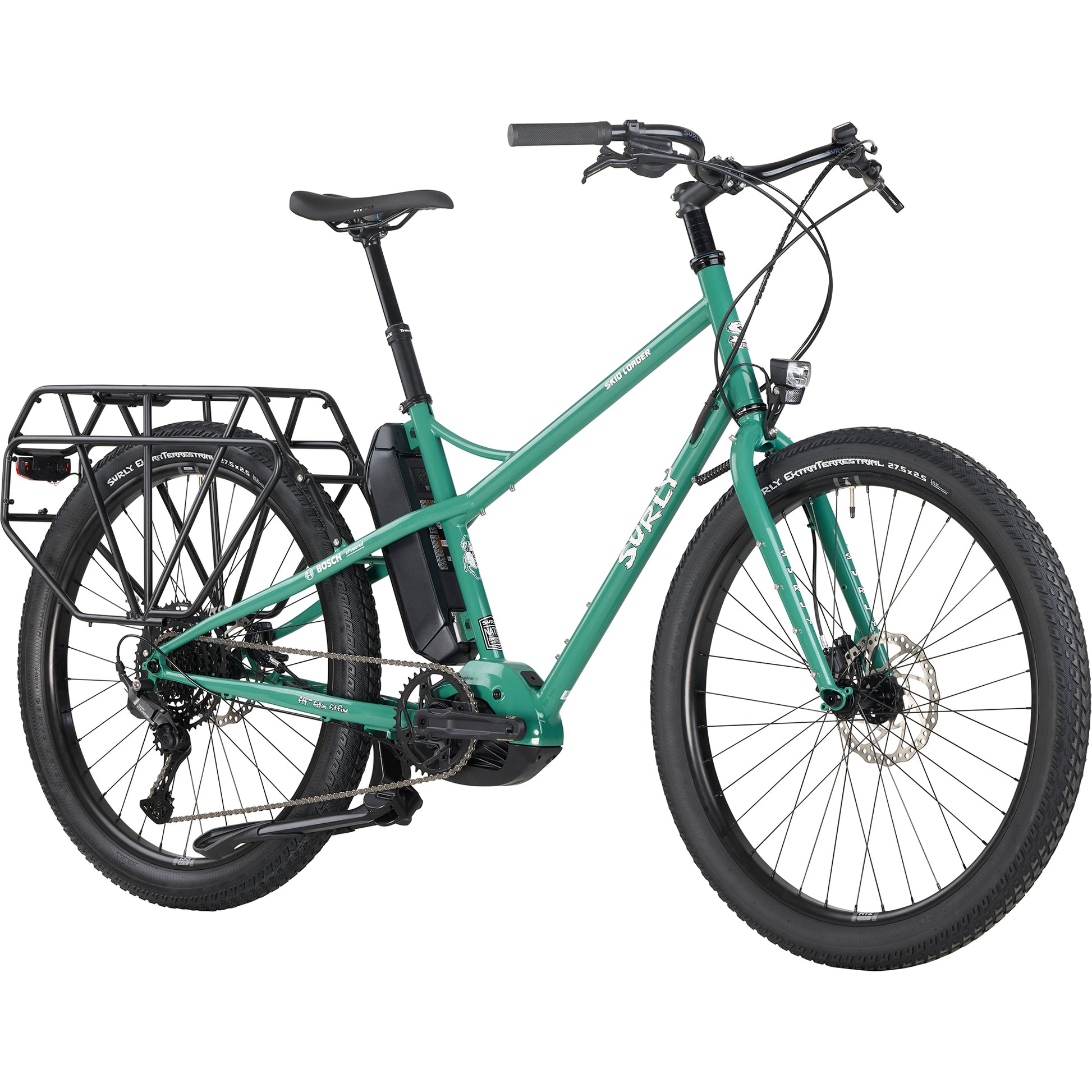 Surly Skid Loader compact e-bike – front angle highlighting AXA Nxt 60 headlight and dropper post