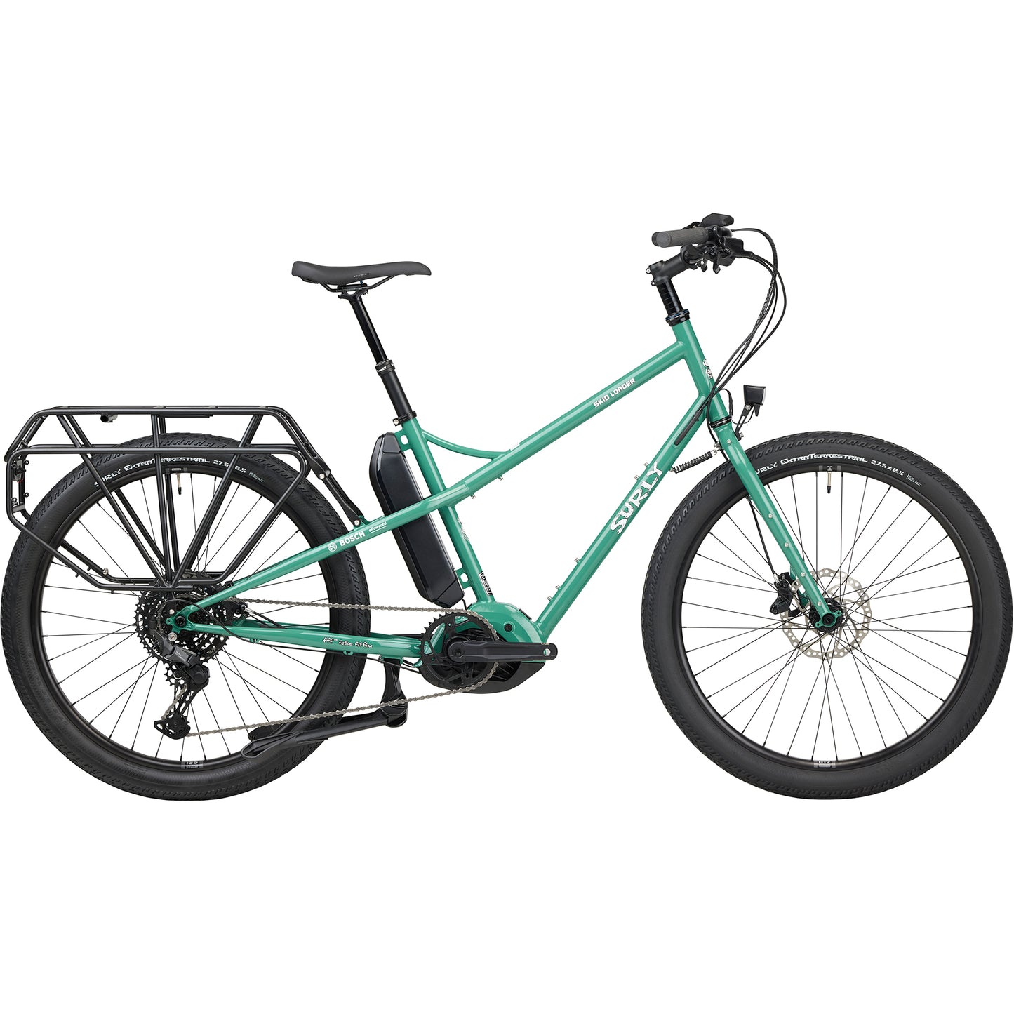 Surly Skid Loader electric cargo bike in Illegal Smile Green – side view showing Bosch motor and rear rack