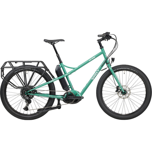 Surly Skid Loader electric cargo bike in Illegal Smile Green – side view showing Bosch motor and rear rack