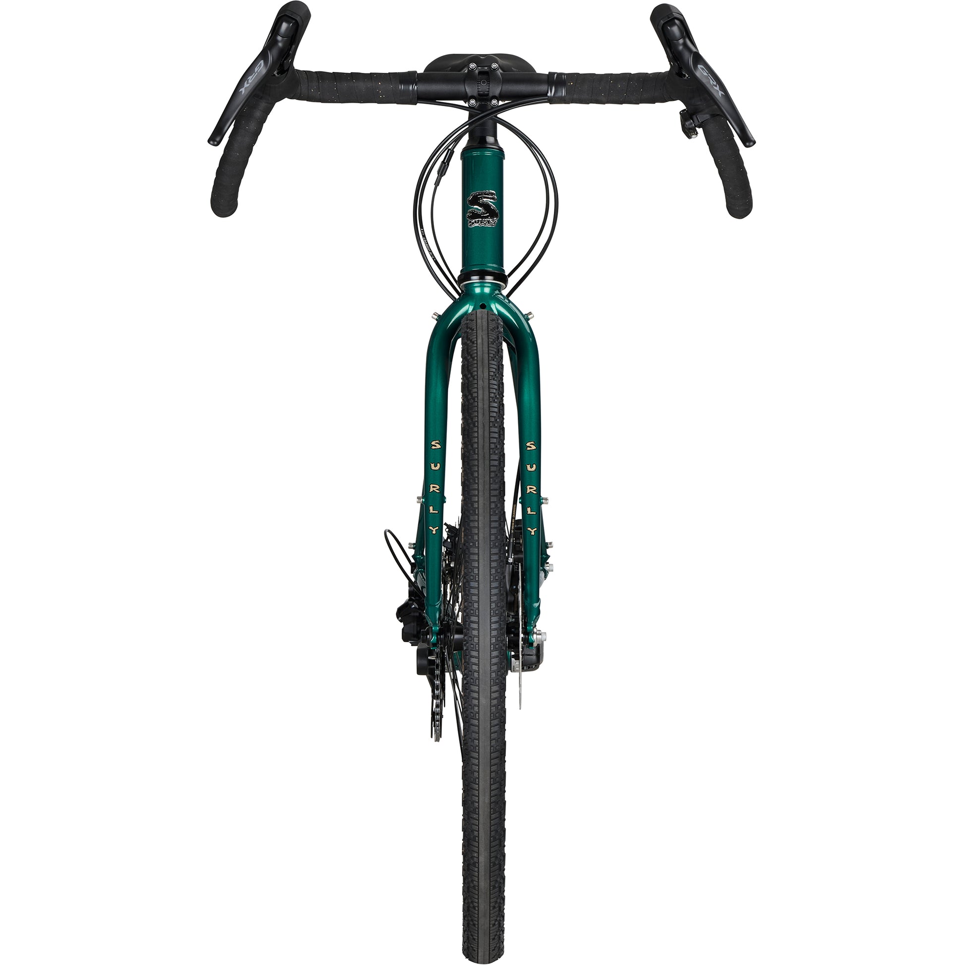 Surly Straggler GRX 610 bike in Subtropic Algae green color front view with tan wall tires on a white background