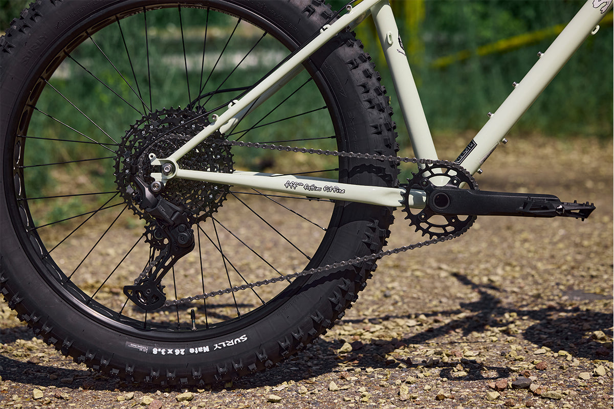 Close-up of Surly Wednesday rear wheel with a blurred natural background
